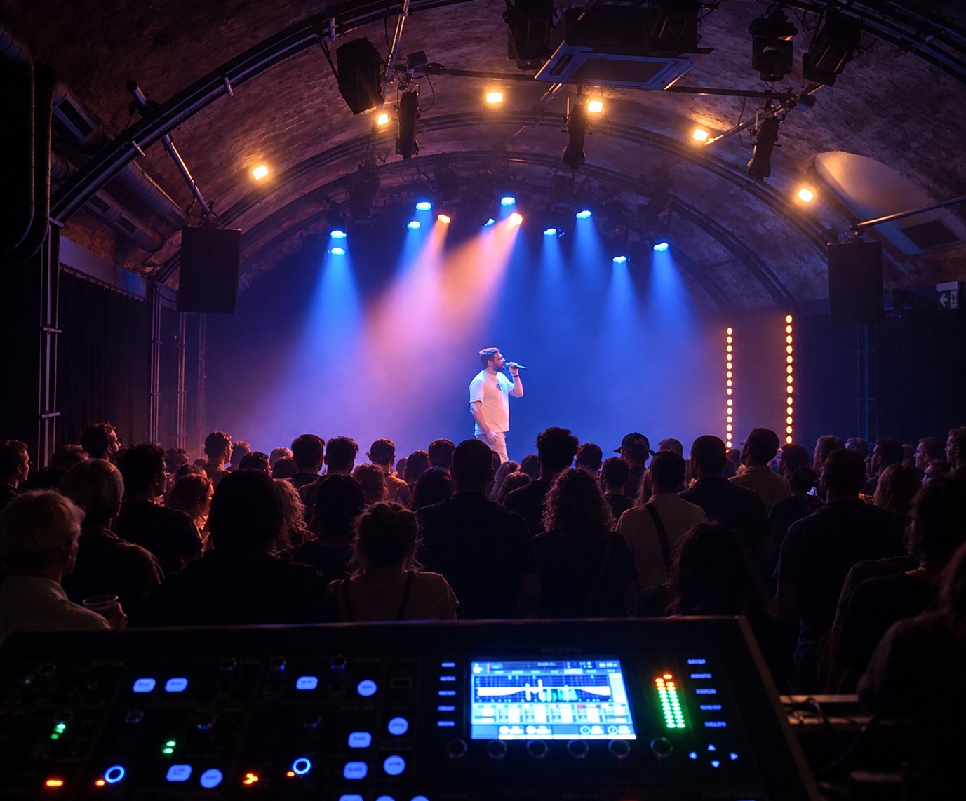 Console et public dans une salle voûtée en concert - montage EnVRAC